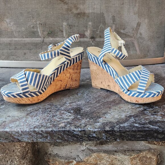Eva & Zoe Blue/White Striped Sexy 1940s Cork Wedge Sandals Size 8 - Picture 10 of 16
